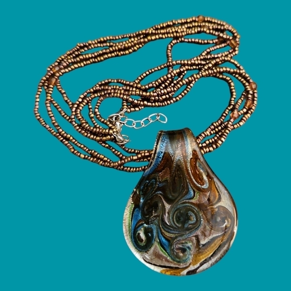 VTG 1990s Dichroic Swirl Glass Pendant Multi-strand Seed Beaded Necklace - Picture 2 of 7